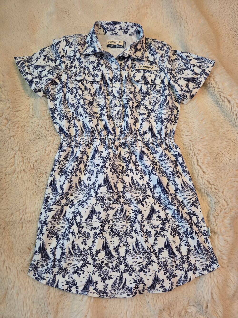 Magellan Outdoors Moisture Wicking Classic Fit Blue/White Sailboat Dress 12-14